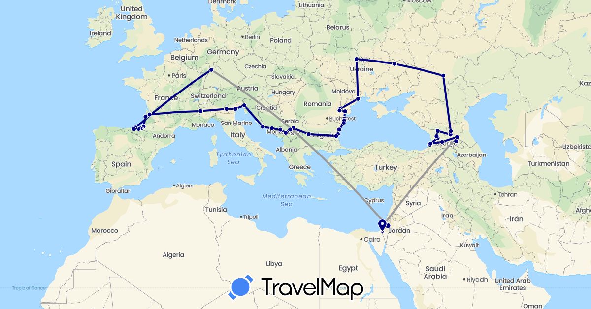 TravelMap itinerary: driving, plane in Bosnia and Herzegovina, Bulgaria, Germany, Spain, France, Georgia, Croatia, Israel, Italy, Moldova, Montenegro, Romania, Serbia, Russia, Slovenia, Ukraine (Asia, Europe)